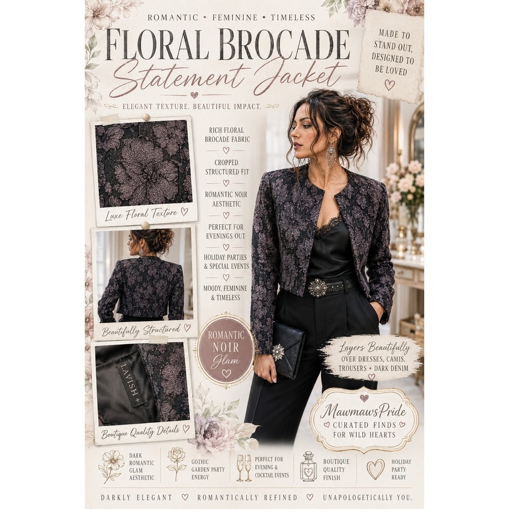 Black Floral Brocade Jacket Cropped Evening Goth Romantic Noir Glam P S